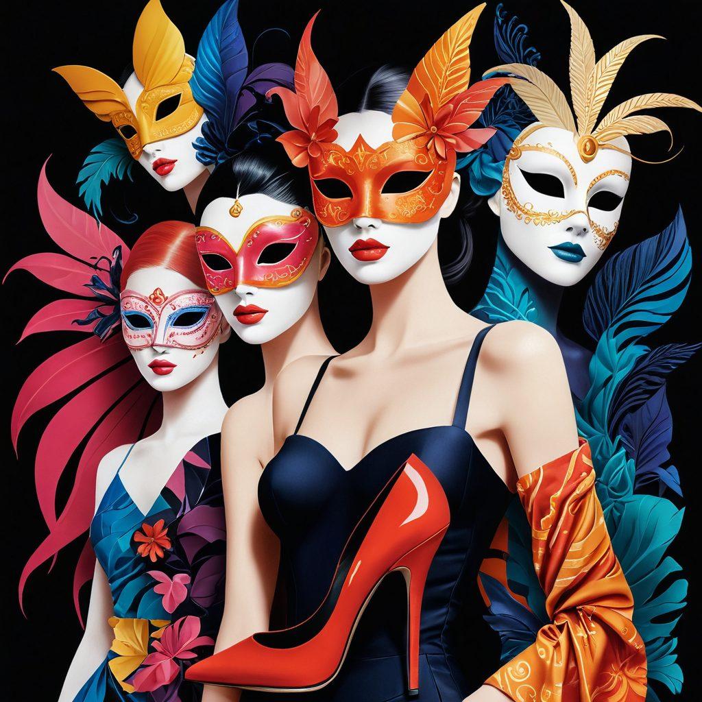 An intriguing collage that depicts diverse adult entertainment elements like elegant masks, seductive high heels, and soft textiles, intertwined with abstract representations of fantasies and fetishes. The background should have a subtle mix of sensual silhouettes and vibrant colors, suggesting mystery and allure. Incorporate a sophisticated atmosphere with dim lighting effects to enhance the depth of the themes. vector art. vibrant colors. soft focus.