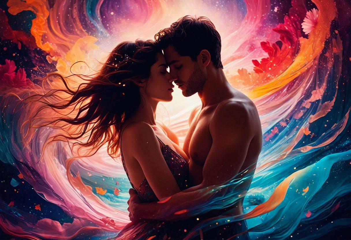 A surreal collage featuring two intertwined silhouettes in an intimate embrace, overlaid with abstract waves of color that evoke sensuality and desire. Wisps of soft light create an ethereal atmosphere, surrounded by delicate petals and shimmering stars that symbolize exploration and fantasy. The background hints at a cinematic film reel, blurring the line between reality and erotic imagination. vivid colors. dream-like. abstract. cinematic.